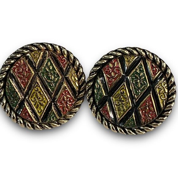 Vintage Sarah Coventry Mosiac Round Diamond Pattern Clip On Earrings Marked Sara - Picture 5 of 7